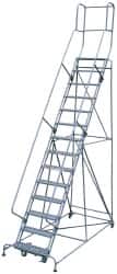 Cotterman - 182" 14 Step Rolling Warehouse Ladder - Knocked Down, 450 Lb Capacity, 140" Platform Height, 44" Base Width x 198" Base Depth, Perforated Tread - Exact Tooling