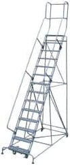 Cotterman - 182" 14 Step Rolling Warehouse Ladder - Knocked Down, 450 Lb Capacity, 140" Platform Height, 44" Base Width x 198" Base Depth, Perforated Tread - Exact Tooling