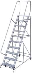 Cotterman - 130" 10 Step Rolling Warehouse Ladder - Assembled, 450 Lb Capacity, 100" Platform Height, 32" Base Width x 74" Base Depth, Perforated Tread - Exact Tooling