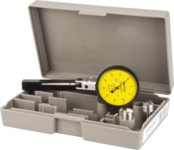 Mitutoyo - 1/2 mm Range, 0.01 mm Dial Graduation, Horizontal Dial Test Indicator - 1.5748 Inch Yellow Dial, 0-25-0 Dial Reading, Accurate to 0.01 Inch - Exact Tooling