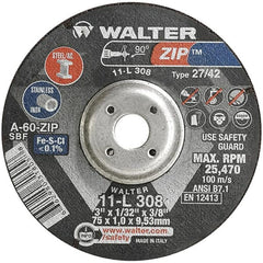 WALTER Surface Technologies - 60 Grit, 3" Wheel Diam, 1/32" Wheel Thickness, 3/8" Arbor Hole, Type 27 Depressed Center Wheel - Aluminum Oxide, Resinoid Bond, 25,470 Max RPM, Compatible with Die Grinders & Straight Shaft Grinder - Exact Tooling