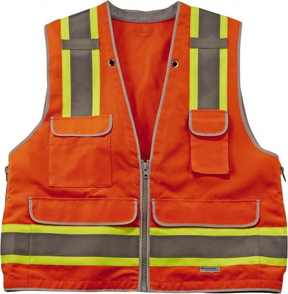 Ergodyne - Size L/XL High Visibility Orange Mesh/Solid Surveyor's Vest - 44 to 52" Chest, ANSI/ISEA 107, Zipper Closure, 6 Pockets, Polyester - Exact Tooling