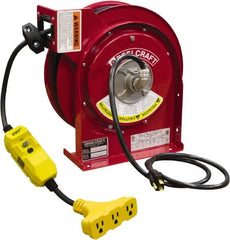 Reelcraft - 12 AWG, 45' Cable Length, Cord & Cable Reel with Triple-Tap with GFCI End - 3 Outlets, NEMA 5-15R, 15 Amps, 125 Volts, SJEOOW Cable, Red Reel, Spring Driven Reel - Exact Tooling