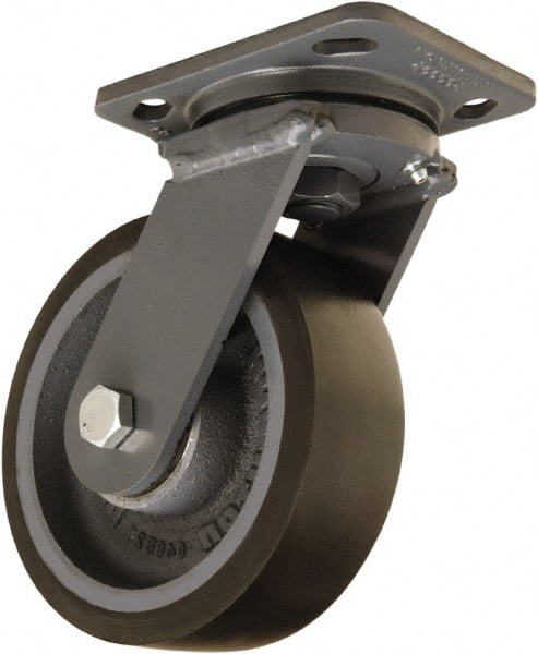 Hamilton - 6" Diam x 2" Wide x 7-1/2" OAH Top Plate Mount Swivel Caster - Polyurethane Mold onto Cast Iron Center, 1,560 Lb Capacity, Sealed Precision Ball Bearing, 4 x 5" Plate - Exact Tooling