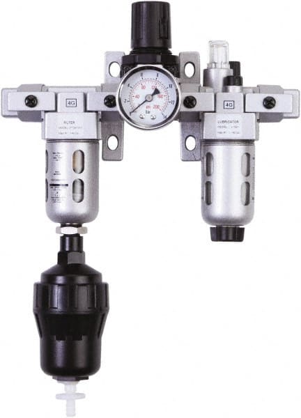 PRO-SOURCE - 1/4" NPT Port Miniature 3 Piece Filter-Regulator-Lubricator FRL Unit - Polycarbonate Bowl, 18 SCFM, 145 Max psi, 6.69" High, Automatic Drain - Exact Tooling