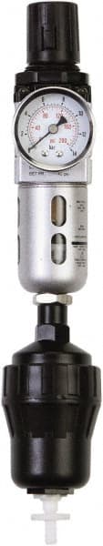 PRO-SOURCE - 1/4" NPT Port Miniature 1 Piece Filter/Regulator FRL Unit - Polycarbonate Bowl, 20 SCFM, 145 Max psi, 6.69" High, Automatic Drain - Exact Tooling