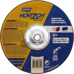 Norton - 9" Wheel Diam, 1/4" Wheel Thickness, Type 27 Depressed Center Wheel - Ceramic, Resinoid Bond, 6,600 Max RPM - Exact Tooling