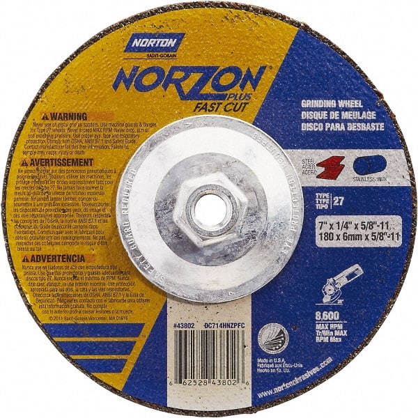 Norton - 7" Wheel Diam, 1/4" Wheel Thickness, Type 27 Depressed Center Wheel - Ceramic, Resinoid Bond, 8,600 Max RPM - Exact Tooling