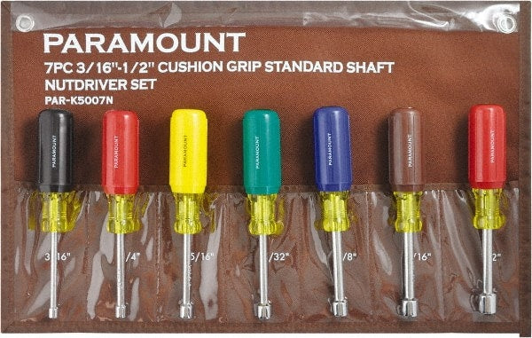 Paramount - 7 Piece 3/16 to 1/2" Nutdriver Set - Hollow Shaft, Ergonomic Handle - Exact Tooling