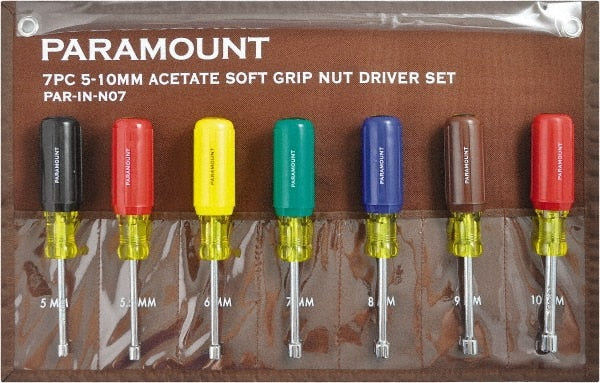 Paramount - 7 Piece 5 to 10mm Nutdriver Set - Hollow Shaft, Ergonomic Handle - Exact Tooling
