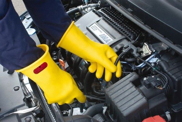 Ansell - Class 0, Size 11, 11" Long, Rubber Lineman's Glove - 5,000 AC Max Use Voltage, 1,000 AC Test Voltage, Yellow, ASTM D120 - Exact Tooling