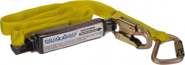 PRO-SAFE - 6' Long, 350 Lb Capacity, 1 Leg Locking Snap Hook Harness Shock Absorbing Lanyard - Polyester Webbing, Locking Snap Hook Anchorage Connection - Exact Tooling
