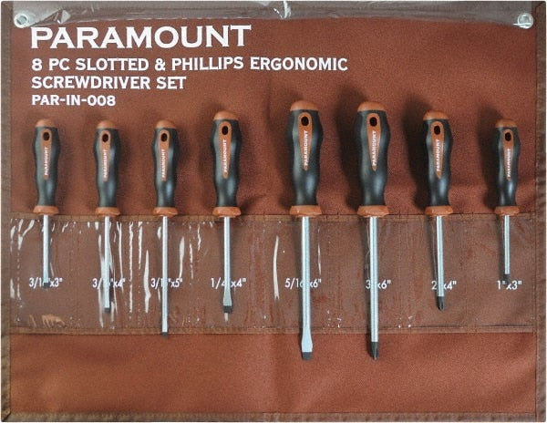 Paramount - 8 Piece Slotted, Phillips & Cabinet Screwdriver Set - Blade Sizes: Width 3/16, 1/4 & 5/16, Bit Sizes: Philips #0 to #3 - Exact Tooling