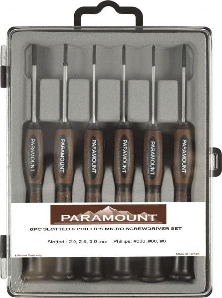 Paramount - 6 Piece Phillips & Slotted Screwdriver Set - Bit Sizes: Philips #000 to #0 - Exact Tooling