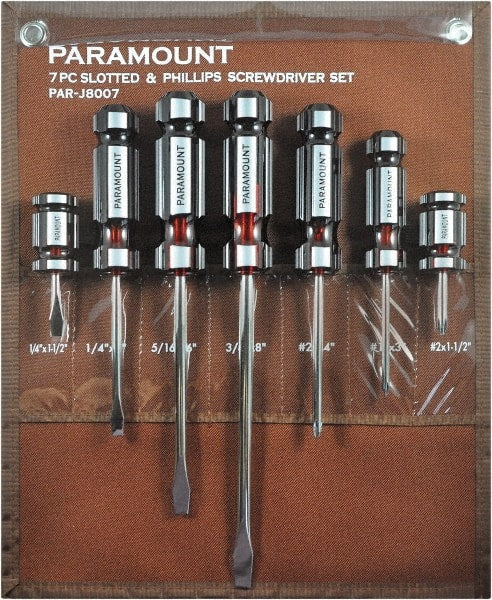 Paramount - 7 Piece Slotted, Phillips & Stubby Screwdriver Set - Blade Sizes: Width 1/4, 5/16 & 3/8, Bit Sizes: Philips #1 & #2 - Exact Tooling