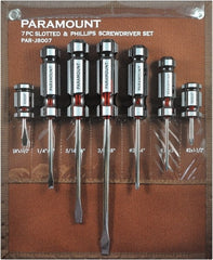 Paramount - 7 Piece Slotted, Phillips & Stubby Screwdriver Set - Blade Sizes: Width 1/4, 5/16 & 3/8, Bit Sizes: Philips #1 & #2 - Exact Tooling