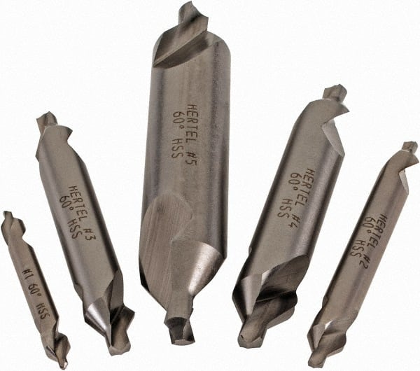 Hertel - #1 to 5, 1/8 to 7/16" Body Diam, 1/8" Point Diam, Plain Edge, High Speed Steel Combo Drill & Countersink Set - 0.0469 to 0.1875" Point Length, 1/8 to 2-3/4" OAL, Double End, Hertel Series Compatibility - Exact Tooling