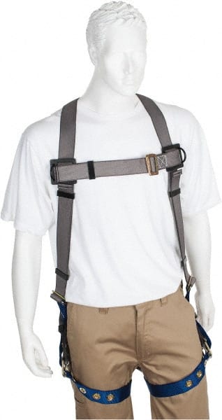 PRO-SAFE - 350 Lb Capacity, Size XXL, Full Body Premium Tongue Buckle Safety Harness - Polyester, Tongue Buckle Leg Strap, Pass-Thru Chest Strap, Gray/Blue - Exact Tooling
