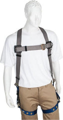 PRO-SAFE - 350 Lb Capacity, Size XXL, Full Body Premium Tongue Buckle Safety Harness - Polyester, Tongue Buckle Leg Strap, Pass-Thru Chest Strap, Gray/Blue - Exact Tooling