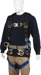 PRO-SAFE - 350 Lb Capacity, Size Universal, Full Body Tower Climbers Safety Harness - Polyester, Front D-Ring, Side D-Ring, Quick Connect Leg Strap, Quick Connect Chest Strap, Black/Blue - Exact Tooling