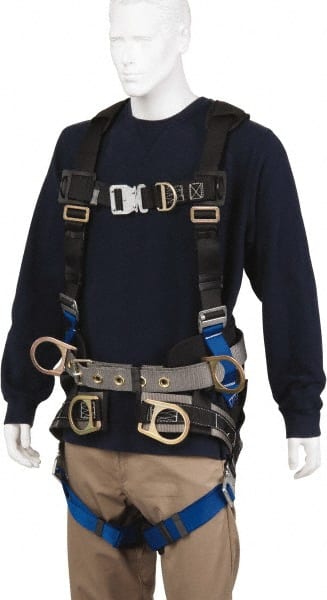 PRO-SAFE - 350 Lb Capacity, Size XXL, Full Body Tower Climbers Safety Harness - Polyester, Front D-Ring, Side D-Ring, Quick Connect Leg Strap, Quick Connect Chest Strap, Black/Blue - Exact Tooling