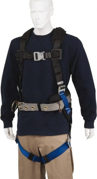 PRO-SAFE - 350 Lb Capacity, Size Universal, Full Body Construction Safety Harness - Polyester, Side D-Ring, Quick Connect Leg Strap, Quick Connect Chest Strap, Black/Blue - Exact Tooling