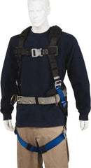 PRO-SAFE - 350 Lb Capacity, Size Universal, Full Body Construction Safety Harness - Polyester, Side D-Ring, Quick Connect Leg Strap, Quick Connect Chest Strap, Black/Blue - Exact Tooling