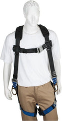 PRO-SAFE - 350 Lb Capacity, Size XL, Full Body Padded Back D-Ring Safety Harness - Polyester, Side D-Ring, Quick Connect Leg Strap, Quick Connect Chest Strap, Black/Blue - Exact Tooling
