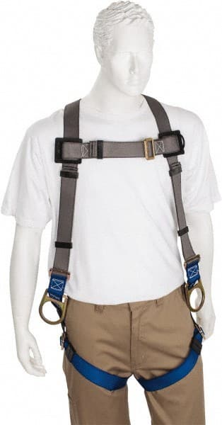 PRO-SAFE - 350 Lb Capacity, Size Universal, Full Body Back D-Ring Safety Harness - Polyester, Side D-Ring, Pass-Thru Leg Strap, Pass-Thru Chest Strap, Gray/Blue - Exact Tooling