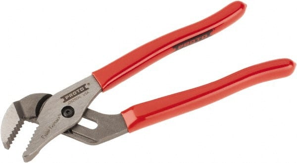 Proto - 7" OAL, 1-3/32" Max Capacity, 13/16" Jaw Length x 3/8" Jaw Width, 5 Position Gooseneck Tongue & Groove Pliers - Serrated Straight Jaws, Standard Head, Vinyl Handles - Exact Tooling
