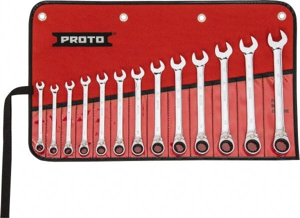 Proto - 13 Piece, 7mm to 19mm, 12 Point Reversible Ratcheting Combination Wrench Set - Metric Measurement Standard, Full Polish Chrome Finish, Comes in Tool Roll - Exact Tooling