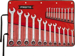 Proto - 22 Piece, 6mm to 36mm, 12 Point Reversible Ratcheting Combination Wrench Set - Metric Measurement Standard, Full Polish Chrome Finish, Comes in Tool Roll - Exact Tooling