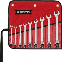 Proto - 9 Piece, 9/32" to 3/4", 12 Point Reversible Ratcheting Combination Wrench Set - Inch Measurement Standard, Full Polish Chrome Finish, Comes in Tool Roll - Exact Tooling