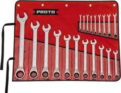 Proto - 20 Piece, 7/32" to 1-1/2", 12 Point Reversible Ratcheting Combination Wrench Set - Inch Measurement Standard, Full Polish Chrome Finish, Comes in Tool Roll - Exact Tooling