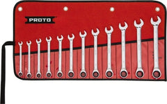 Proto - 12 Piece, 8mm to 19mm, 12 Point Ratcheting Combination Wrench Set - Metric Measurement Standard, Full Polish Chrome Finish, Comes in Tool Roll - Exact Tooling