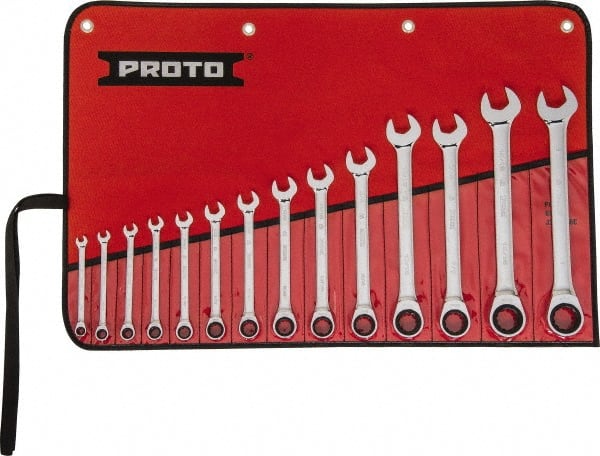 Proto - 14 Piece, 1/4" to 1", 12 Point Ratcheting Combination Wrench Set - Inch Measurement Standard, Full Polish Chrome Finish, Comes in Tool Roll - Exact Tooling