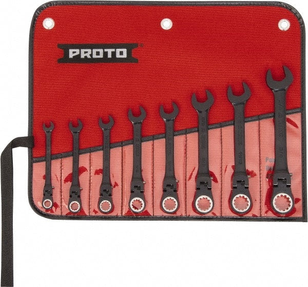 Proto - 8 Piece, 5/16" to 3/4", 12 Point Ratcheting Flex-Head Spline Wrench Set - Inch Measurement Standard, Black/Chrome Finish, Comes in Nylon Roll - Exact Tooling