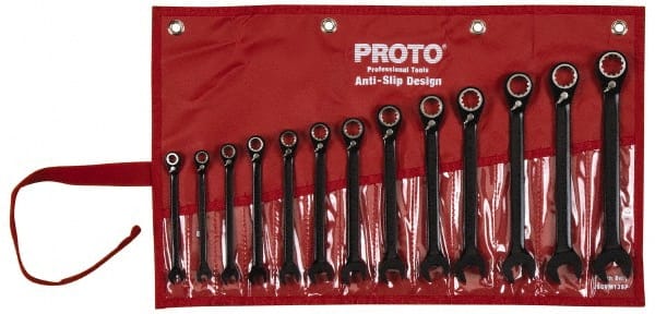 Proto - 13 Piece, 7mm to 19mm, 12 Point Short Ratcheting Reversible Combination Spline Wrench Set - Metric Measurement Standard, Black/Chrome Finish, Comes in Tool Roll - Exact Tooling