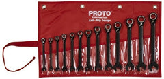 Proto - 13 Piece, 7mm to 19mm, 12 Point Short Ratcheting Reversible Combination Spline Wrench Set - Metric Measurement Standard, Black/Chrome Finish, Comes in Tool Roll - Exact Tooling