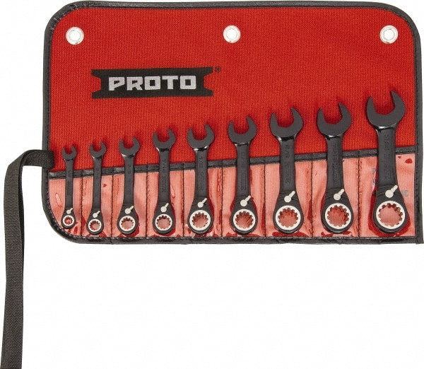 Proto - 9 Piece, 1/4" to 3/4", 12 Point Short Ratcheting Reversible Combination Spline Wrench Set - Inch Measurement Standard, Black/Chrome Finish, Comes in Tool Roll - Exact Tooling