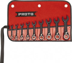 Proto - 9 Piece, 1/4" to 3/4", 12 Point Short Ratcheting Reversible Combination Spline Wrench Set - Inch Measurement Standard, Black/Chrome Finish, Comes in Tool Roll - Exact Tooling