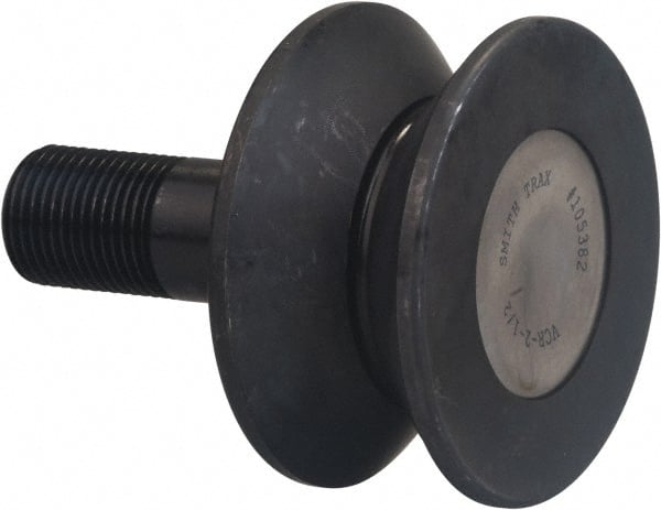 Accurate Bushing - 5-1/2" Roller Diam x 2" Width, 1-1/4" Stud Diam x 2-3/4" Length, V Guide Roller - Carbon Steel, 1-3/4" Thread Length, 1-1/4-12 Thread, 4-3/4" OAL, 14,300 Lb Dynamic Cap, 16,000 Lb Static Cap - Exact Tooling