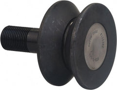 Accurate Bushing - 5-1/2" Roller Diam x 2" Width, 1-1/4" Stud Diam x 2-3/4" Length, V Guide Roller - Carbon Steel, 1-3/4" Thread Length, 1-1/4-12 Thread, 4-3/4" OAL, 14,300 Lb Dynamic Cap, 16,000 Lb Static Cap - Exact Tooling