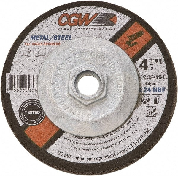 Camel Grinding Wheels - 24 Grit, 6" Wheel Diam, 1/4" Wheel Thickness, Type 27 Depressed Center Wheel - Coarse Grade, Aluminum Oxide, Resinoid Bond, 10,200 Max RPM - Exact Tooling
