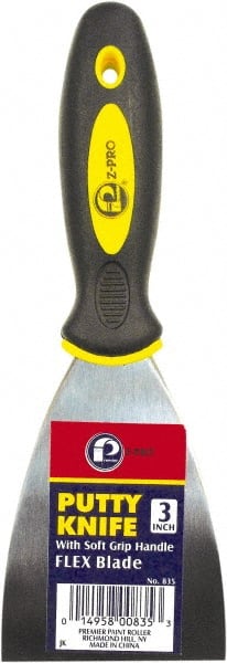 Premier Paint Roller - 3" Wide Spring Blade Steel Putty Knife - Stiff, Soft Grip Plastic Handle, 8.343" OAL - Exact Tooling