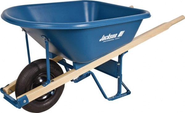 Jackson Professional Tools - 5.75 Cu Ft Capacity Wheelbarrow with 16" Pneumatic Wheel - Wood Handle, 59-1/4" Long x 29-1/2" Wide x 27-1/4" High, Blue - Exact Tooling