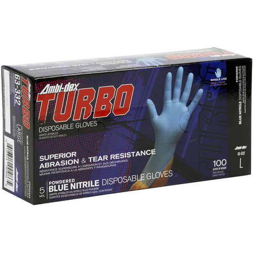 ‎63-332/S Disposable Gloves - Ambi-Dex Turbo Disposable Nitrile - 5 mil Blue - Powdered - Textured Grip - Exact Tooling