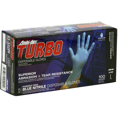 ‎63-332PF/S Disposable Gloves - Ambi-Dex Turbo Disposable Nitrile - 5 mil Blue - Powder Free - Text Grip - Exact Tooling