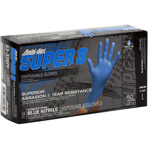 ‎63-338PF/S Disposable Gloves - Ambi-Dex Super 8 Disposable Nitrile 8 mil Blue - Powder Free - Text Grip - Exact Tooling