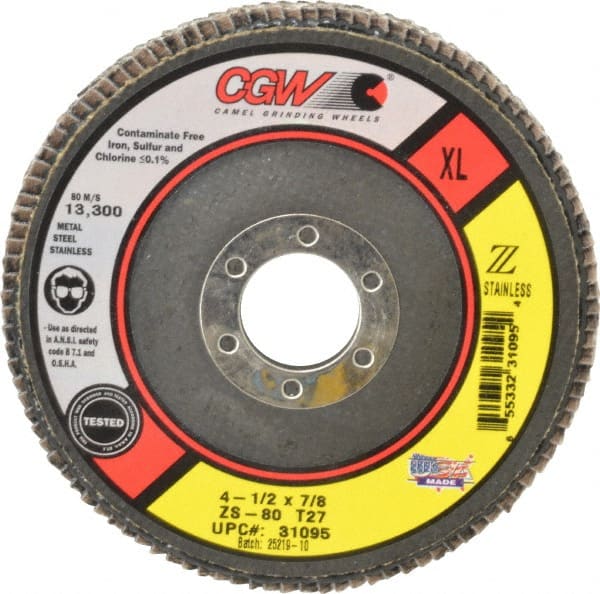 Camel Grinding Wheels - 80 Grit, 4-1/2" Disc Diam, 7/8" Center Hole, Type 27 Zirconia Alumina Flap Disc - 13,300 Max RPM, Polyester Backing, Arbor Attaching System, Coated - Exact Tooling